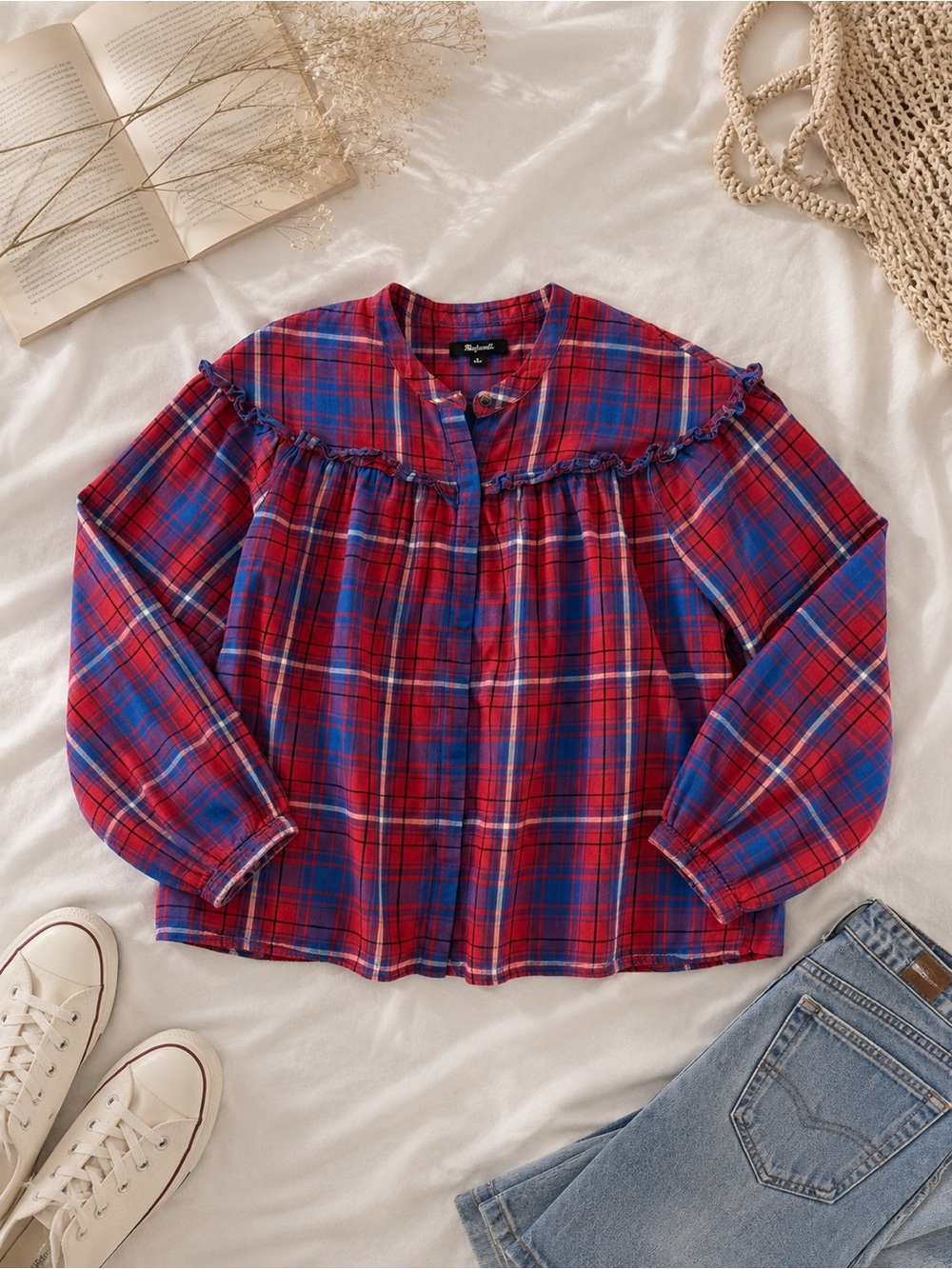 Madewell Women’s Medium Plaid Button Up Top Red Blue Cotton, cottagecore